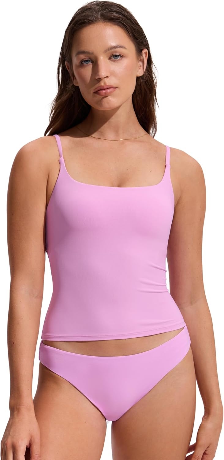 image:imageCRZ YOGA Twist Back Tankini Tops for Women Padded U Neck Bathing Suit Spaghetti Straps Swim Tank OnlyVita Pink