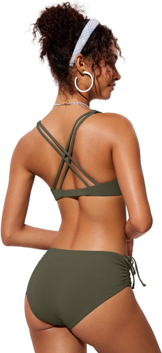 image:imageCRZ YOGA Twist Front Bikini Tops for Women Padded V Neck Criss Cross Back Triangle Sexy Swim Bathing SuitDark Olive