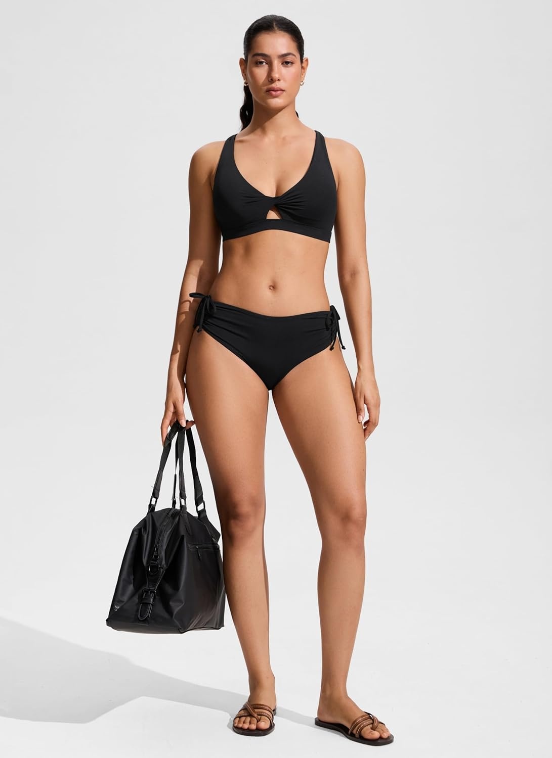 image:imageCRZ YOGA Twist Front Cut Out Bikini Tops for Women Padded V Neck Spaghetti Strap Criss Cross Swim Bathing Suit BraBlack