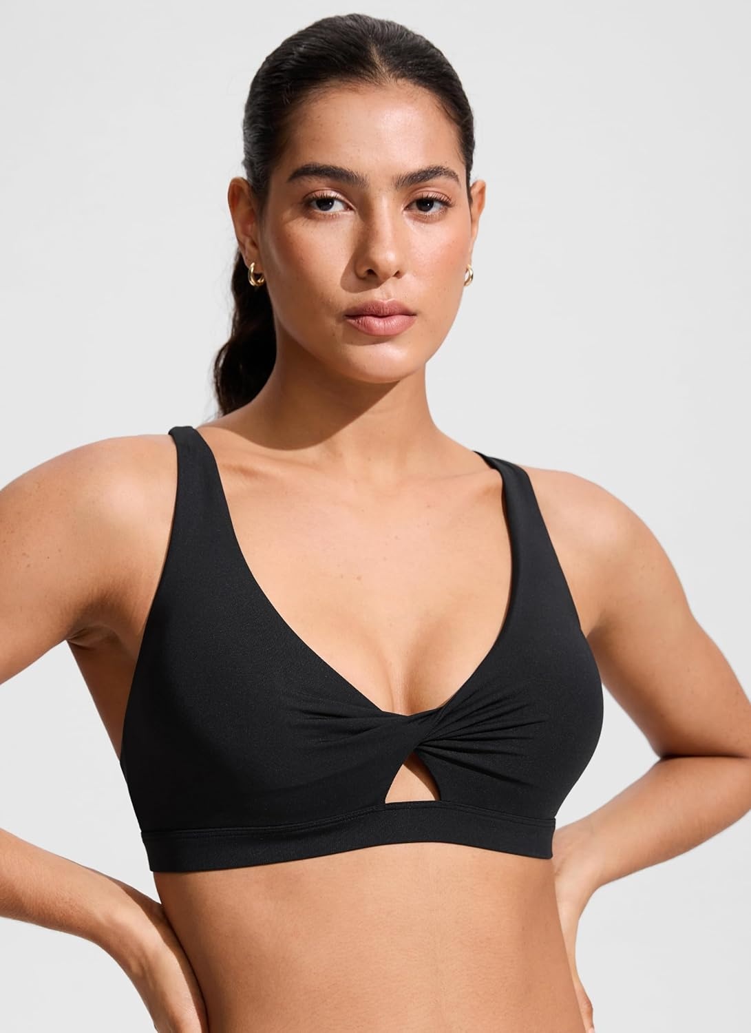 image:imageCRZ YOGA Twist Front Cut Out Bikini Tops for Women Padded V Neck Spaghetti Strap Criss Cross Swim Bathing Suit BraBlack