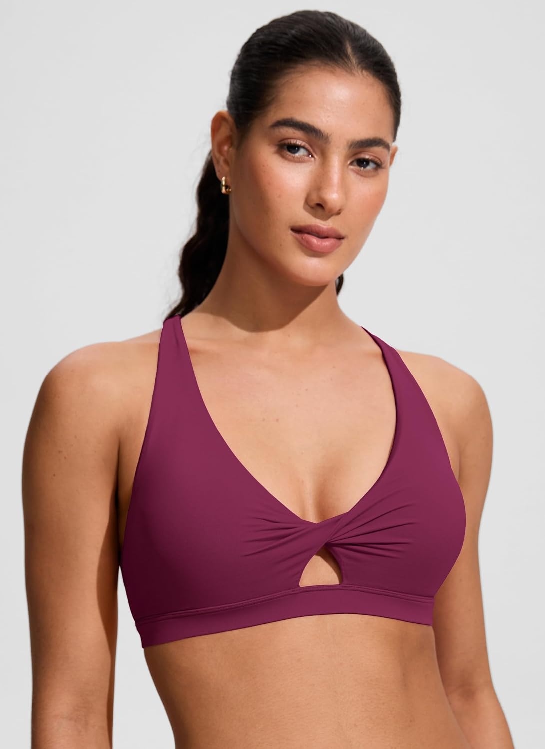 image:imageCRZ YOGA Twist Front Cut Out Bikini Tops for Women Padded V Neck Spaghetti Strap Criss Cross Swim Bathing Suit BraFuchsia