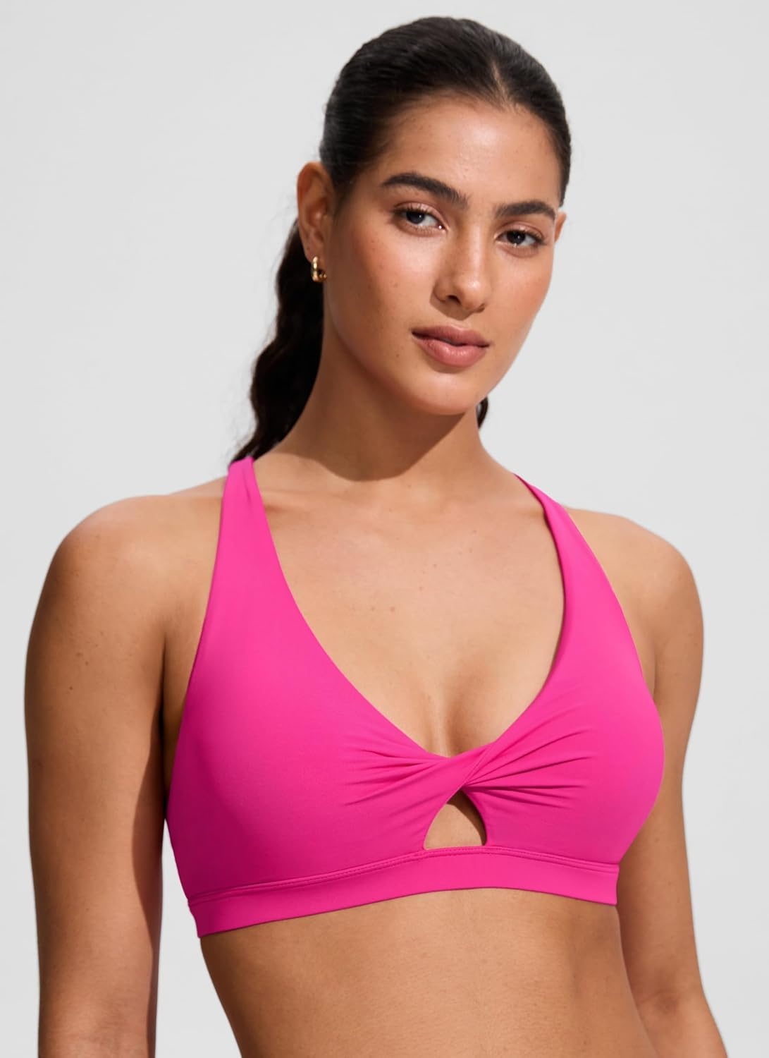 image:imageCRZ YOGA Twist Front Cut Out Bikini Tops for Women Padded V Neck Spaghetti Strap Criss Cross Swim Bathing Suit BraRose Violet