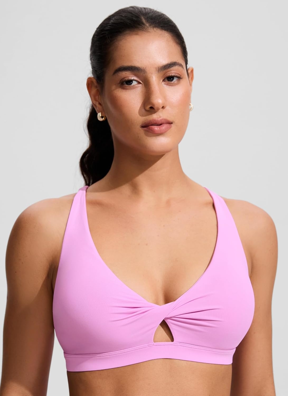 image:imageCRZ YOGA Twist Front Cut Out Bikini Tops for Women Padded V Neck Spaghetti Strap Criss Cross Swim Bathing Suit BraVita Pink