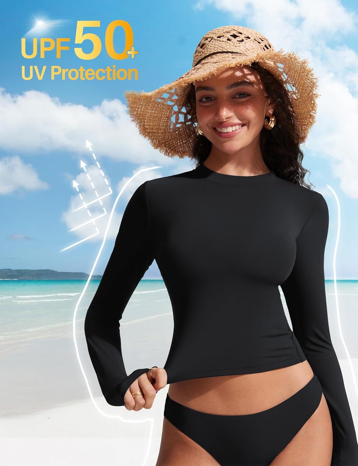 image:imageCRZ YOGA UPF 50 Cropped Rash Guard Shirts for Women Long Sleeve UV Sun Protection Swim Rashguard TopsBlack
