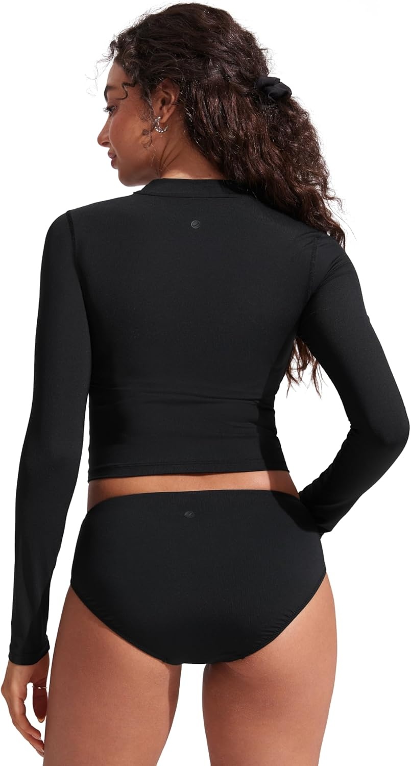 image:imageCRZ YOGA UPF 50 Cropped Rash Guard Shirts for Women Long Sleeve UV Sun Protection Swim Rashguard TopsBlack