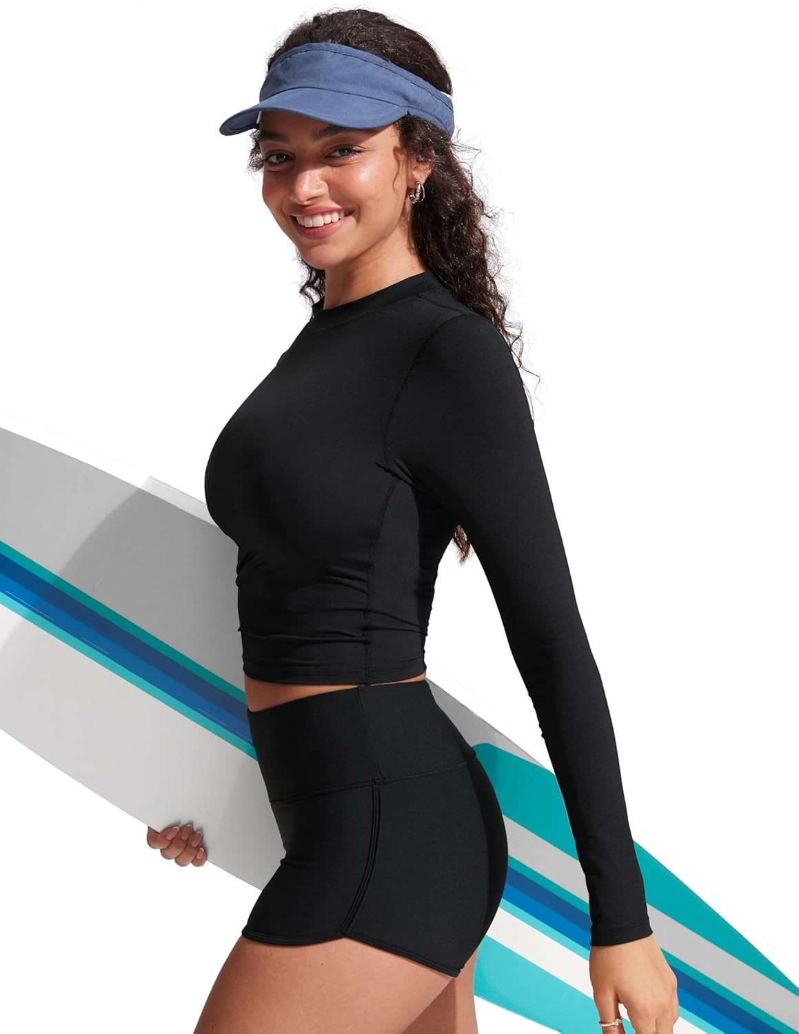 image:imageCRZ YOGA UPF 50 Cropped Rash Guard Shirts for Women Long Sleeve UV Sun Protection Swim Rashguard TopsBlack