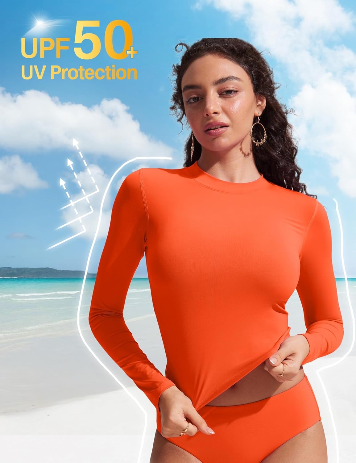 image:imageCRZ YOGA UPF 50 Cropped Rash Guard Shirts for Women Long Sleeve UV Sun Protection Swim Rashguard TopsHoney Orange