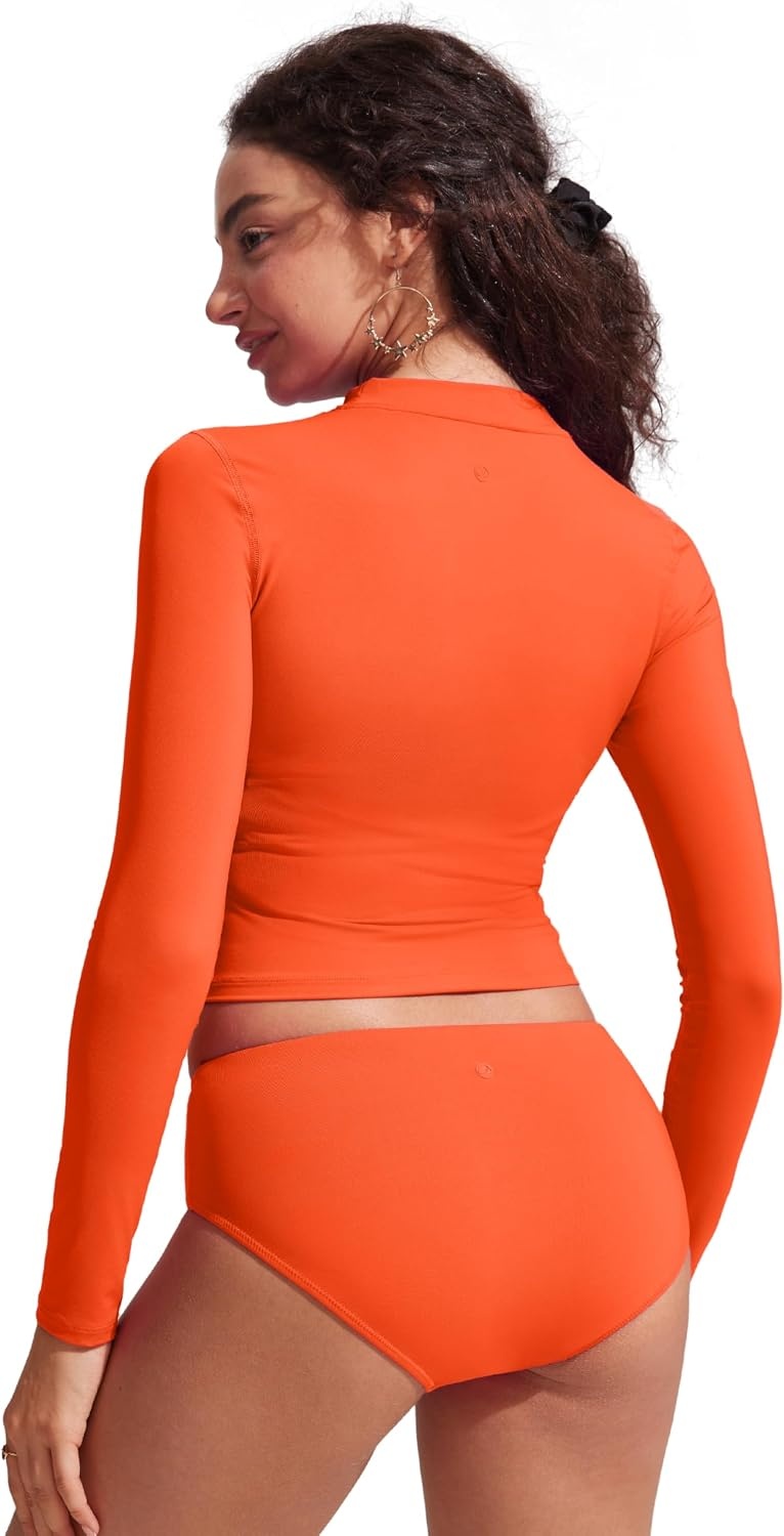 image:imageCRZ YOGA UPF 50 Cropped Rash Guard Shirts for Women Long Sleeve UV Sun Protection Swim Rashguard TopsHoney Orange