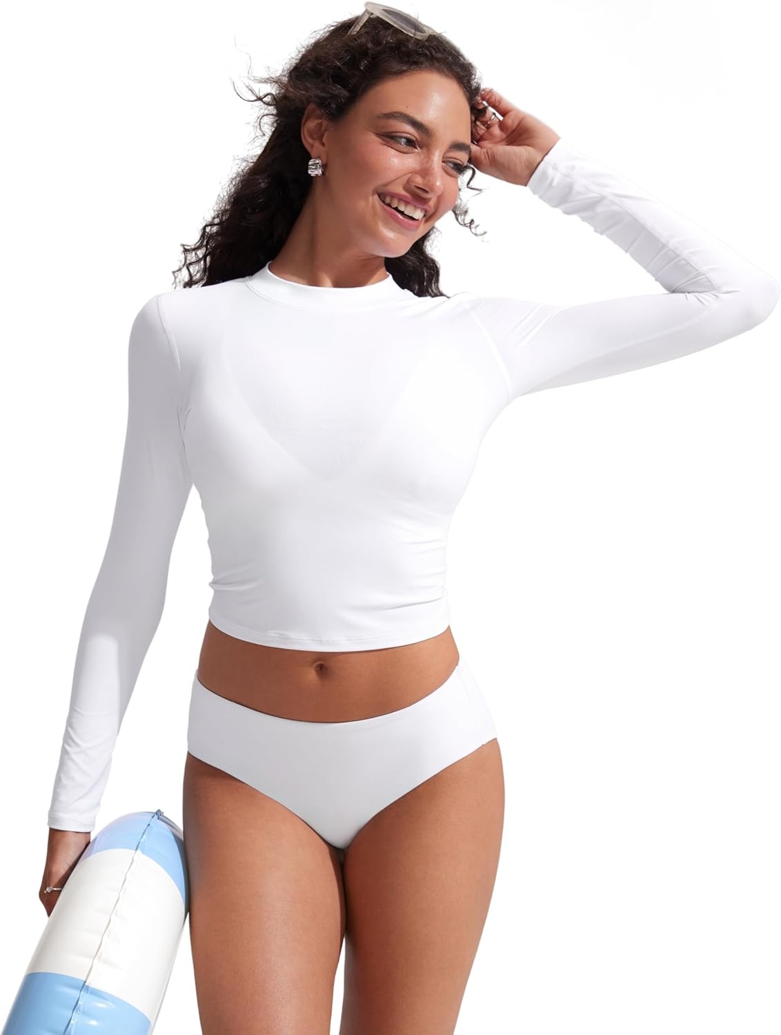 image:imageCRZ YOGA UPF 50 Cropped Rash Guard Shirts for Women Long Sleeve UV Sun Protection Swim Rashguard TopsWhite