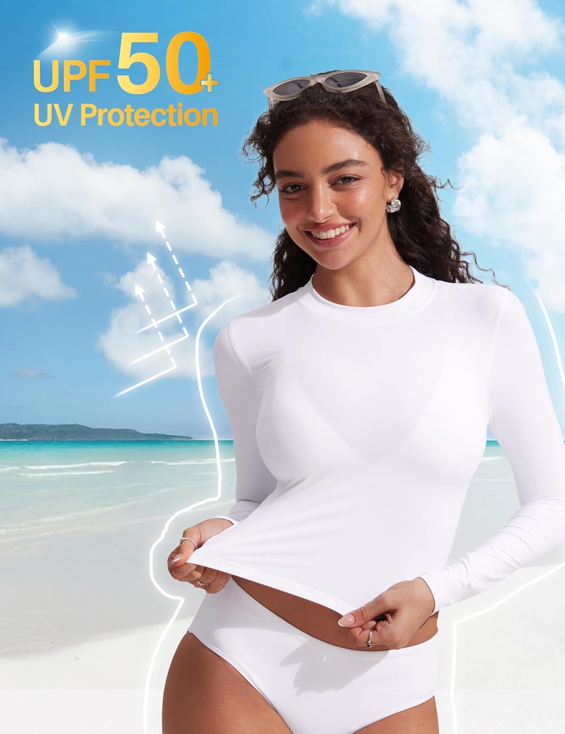 image:imageCRZ YOGA UPF 50 Cropped Rash Guard Shirts for Women Long Sleeve UV Sun Protection Swim Rashguard TopsWhite
