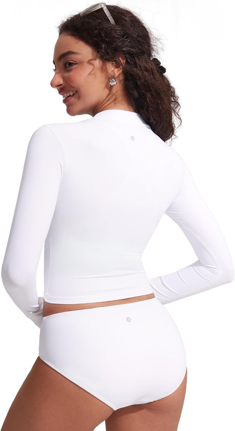image:imageCRZ YOGA UPF 50 Cropped Rash Guard Shirts for Women Long Sleeve UV Sun Protection Swim Rashguard TopsWhite