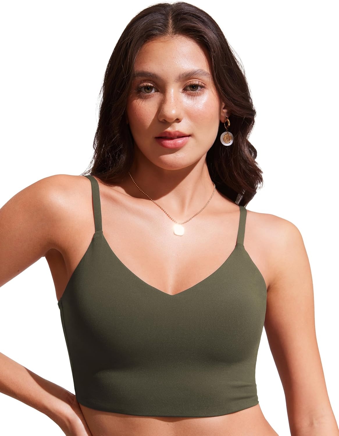 image:imageCRZ YOGA V Shaped Longline Bikini Tops for Women Padded Cropped Adjustable Spaghetti Straps Swimsuit Athletic Bathing SuitDark Olive