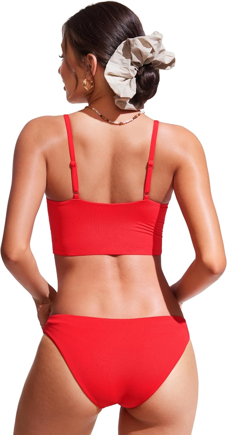 image:imageCRZ YOGA V Shaped Longline Bikini Tops for Women Padded Cropped Adjustable Spaghetti Straps Swimsuit Athletic Bathing SuitDeep Red