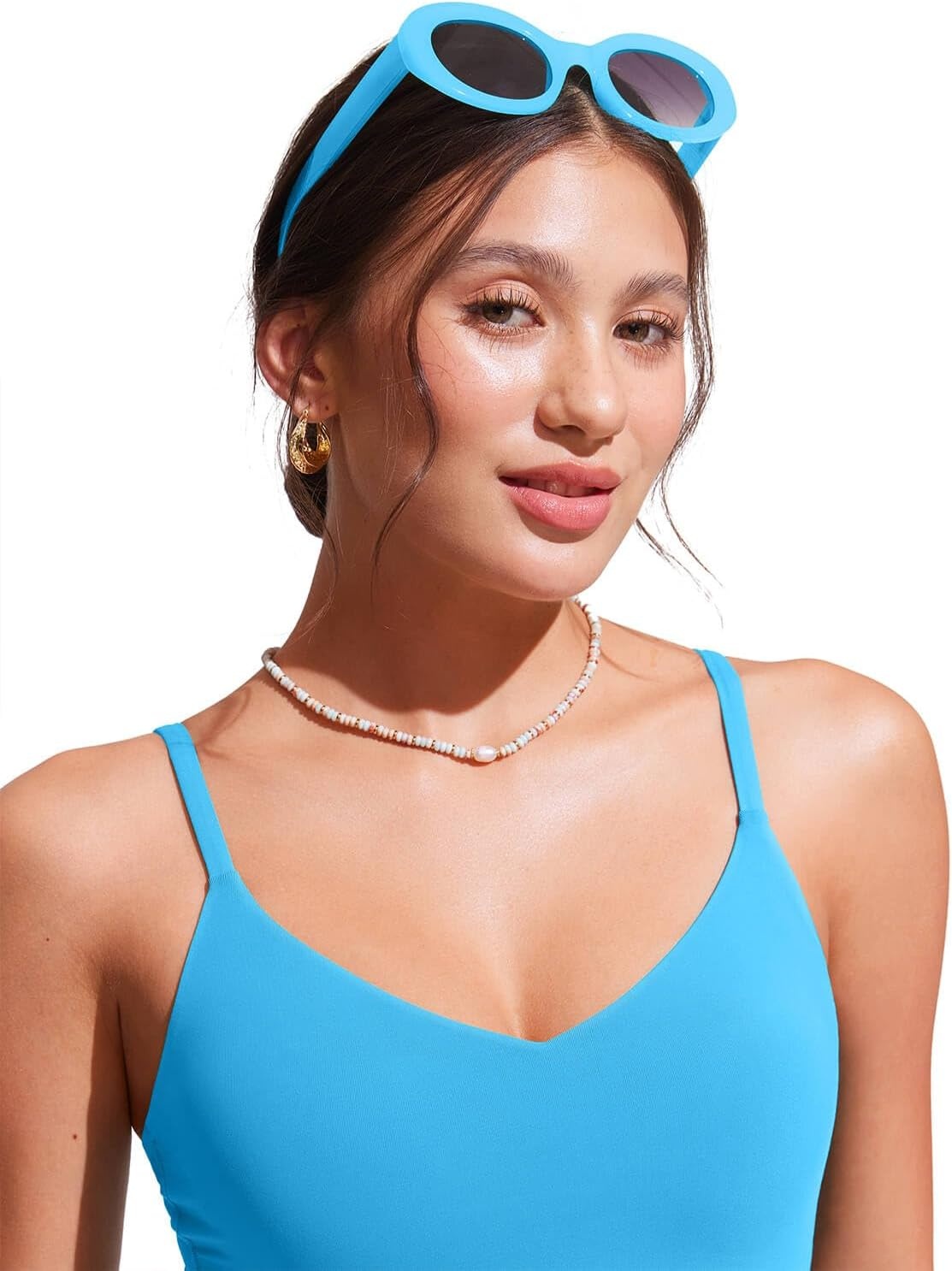 image:imageCRZ YOGA V Shaped Longline Bikini Tops for Women Padded Cropped Adjustable Spaghetti Straps Swimsuit Athletic Bathing SuitKayak Blue