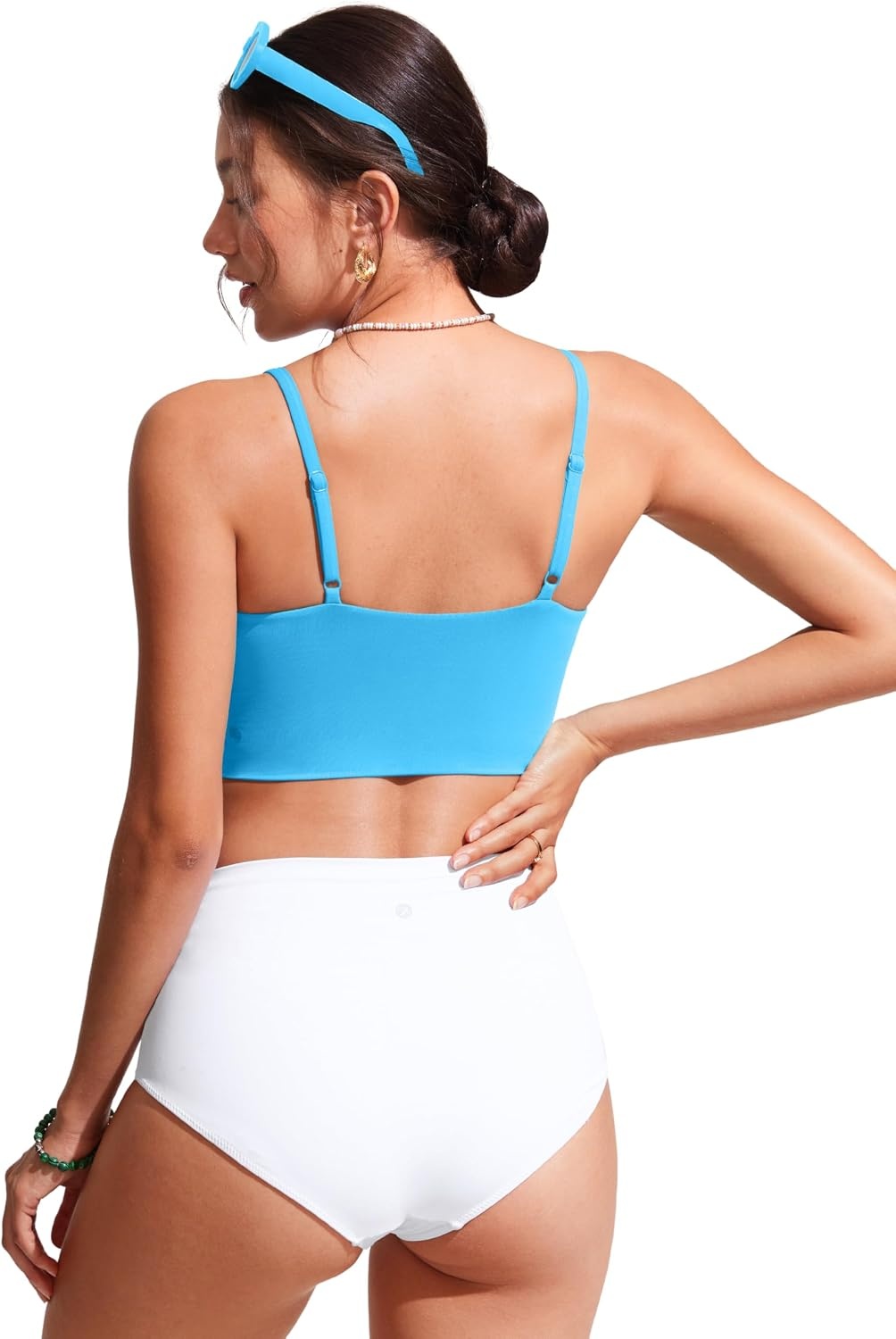 image:imageCRZ YOGA V Shaped Longline Bikini Tops for Women Padded Cropped Adjustable Spaghetti Straps Swimsuit Athletic Bathing SuitKayak Blue