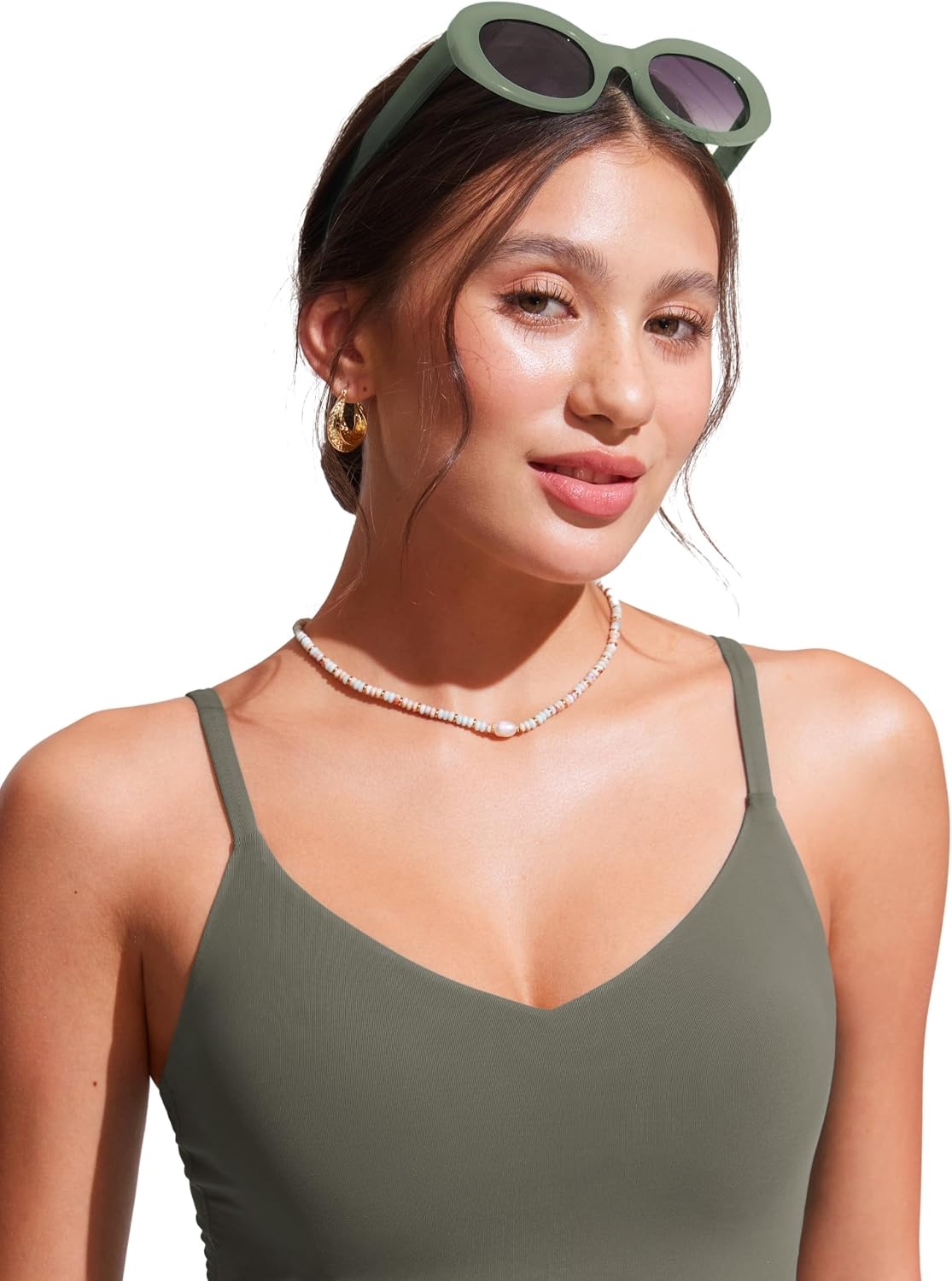 image:imageCRZ YOGA V Shaped Longline Bikini Tops for Women Padded Cropped Adjustable Spaghetti Straps Swimsuit Athletic Bathing SuitLight Army Green