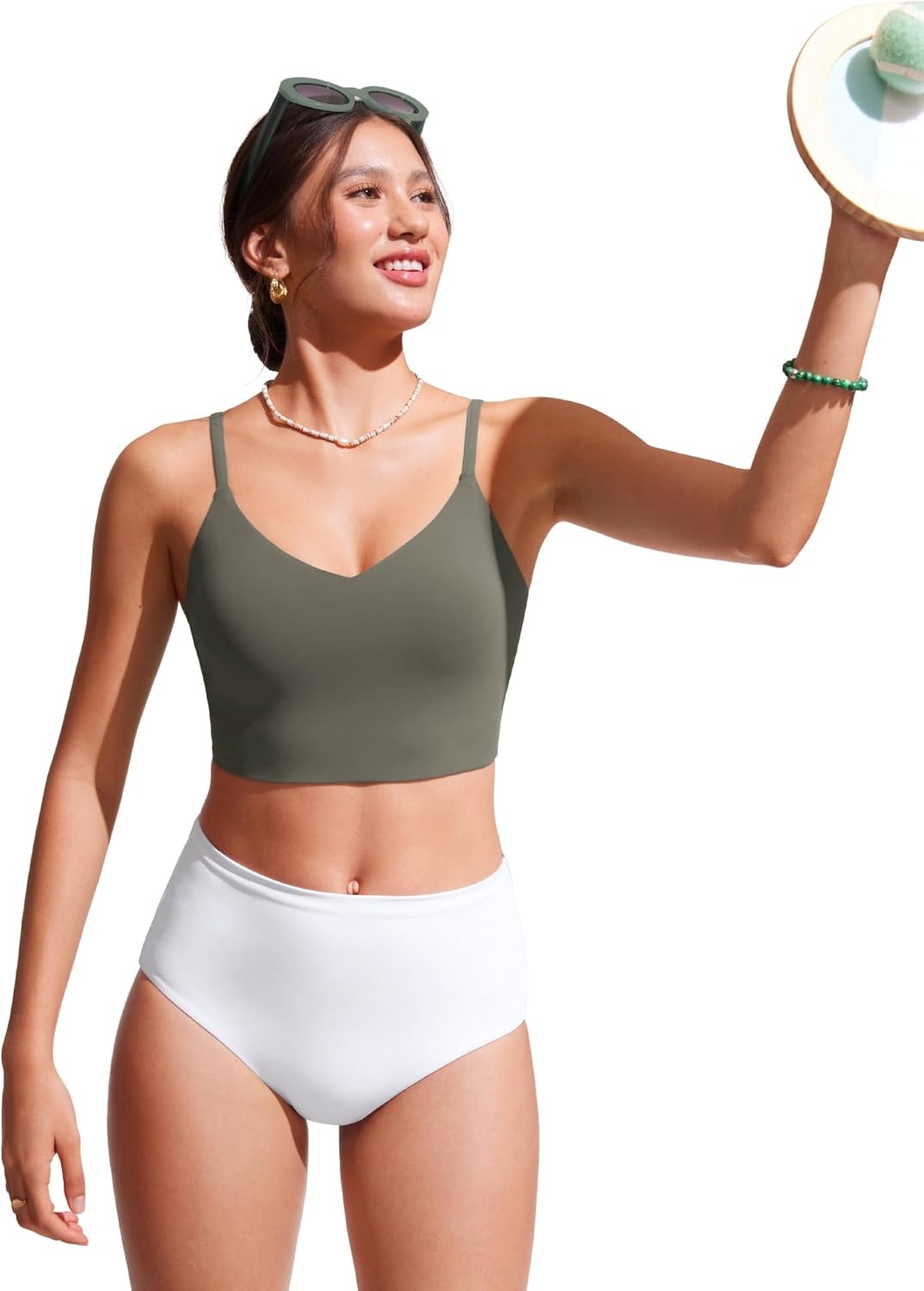 image:imageCRZ YOGA V Shaped Longline Bikini Tops for Women Padded Cropped Adjustable Spaghetti Straps Swimsuit Athletic Bathing SuitLight Army Green