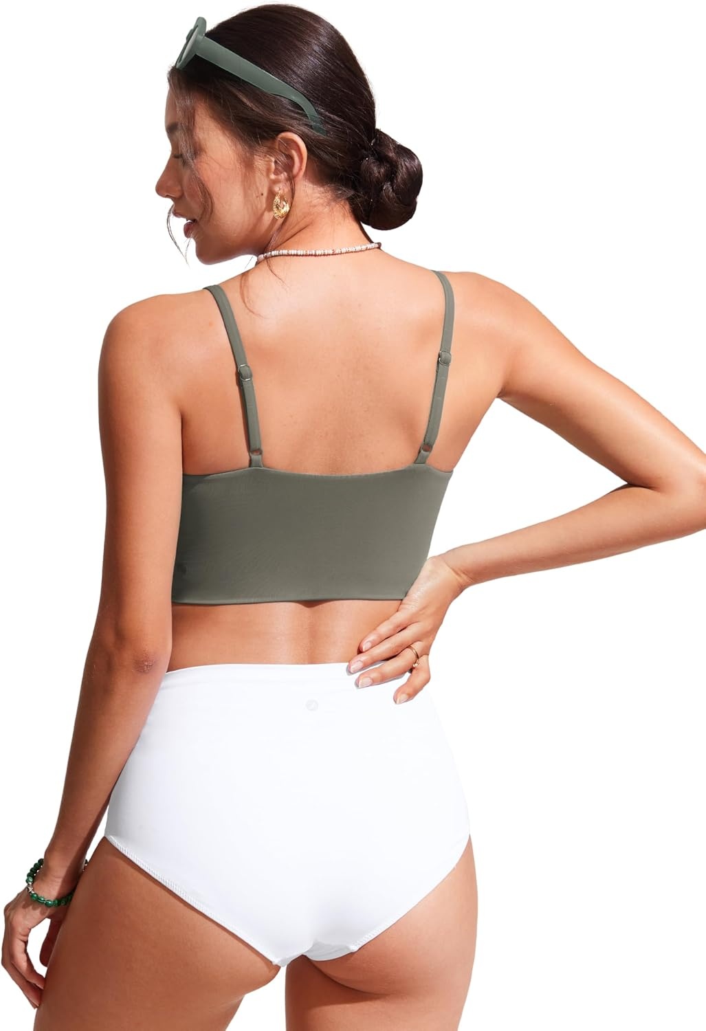 image:imageCRZ YOGA V Shaped Longline Bikini Tops for Women Padded Cropped Adjustable Spaghetti Straps Swimsuit Athletic Bathing SuitLight Army Green
