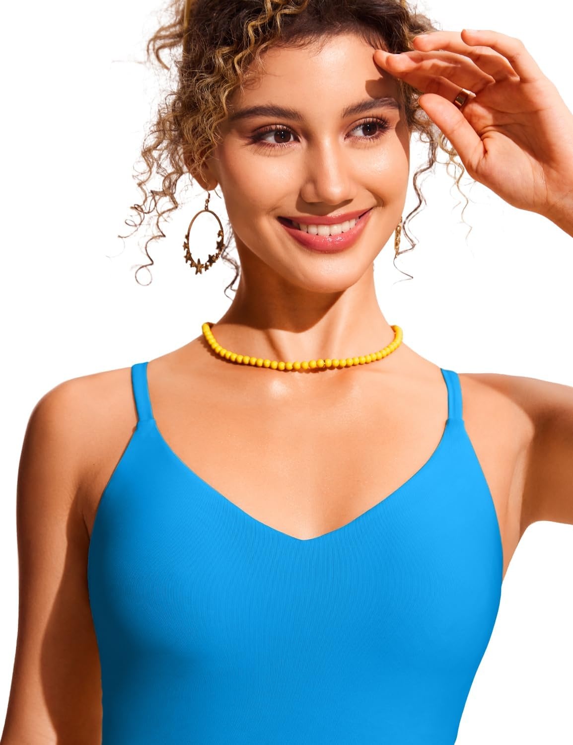 image:imageCRZ YOGA V Shaped Longline Bikini Tops for Women Padded Cropped Adjustable Spaghetti Straps Swimsuit Athletic Bathing SuitMadagascar Blue