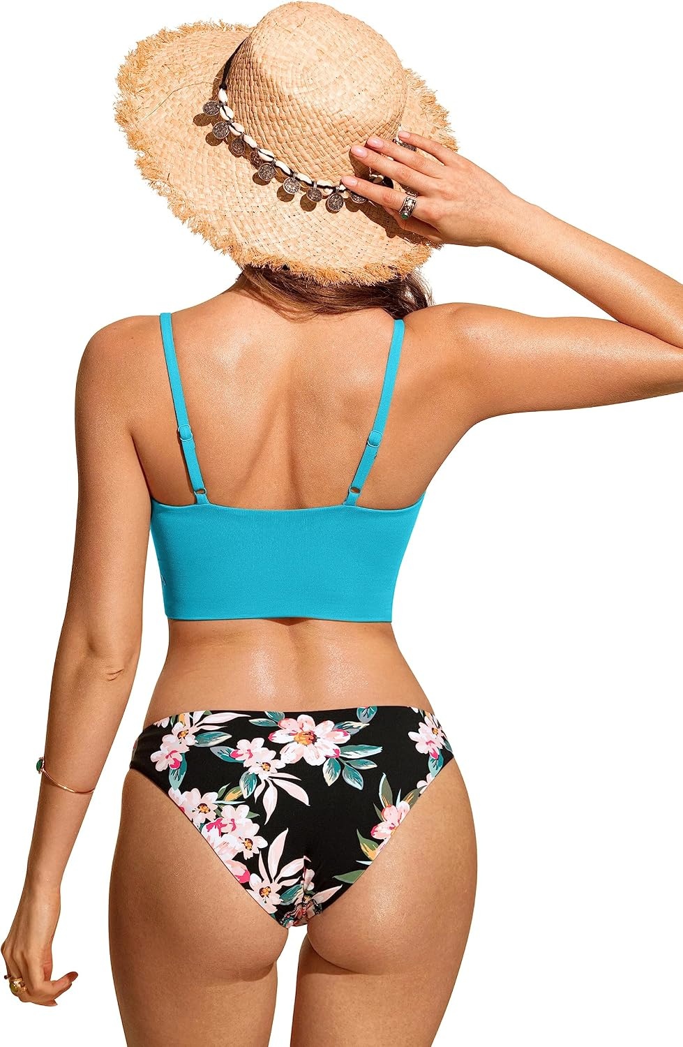 image:imageCRZ YOGA V Shaped Longline Bikini Tops for Women Padded Cropped Adjustable Spaghetti Straps Swimsuit Athletic Bathing SuitTurquoise