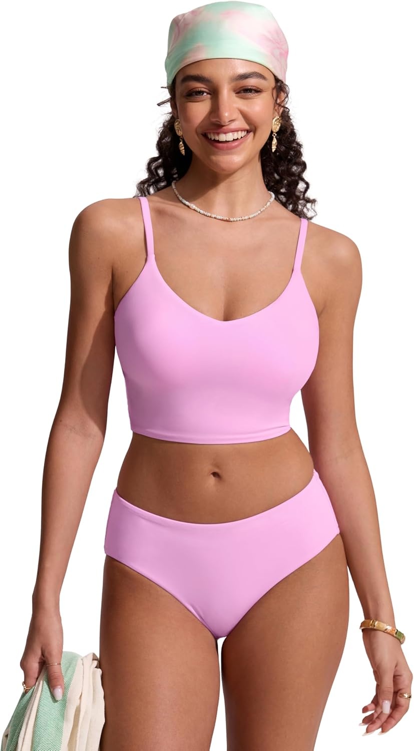image:imageCRZ YOGA V Shaped Longline Bikini Tops for Women Padded Cropped Adjustable Spaghetti Straps Swimsuit Athletic Bathing SuitVita Pink