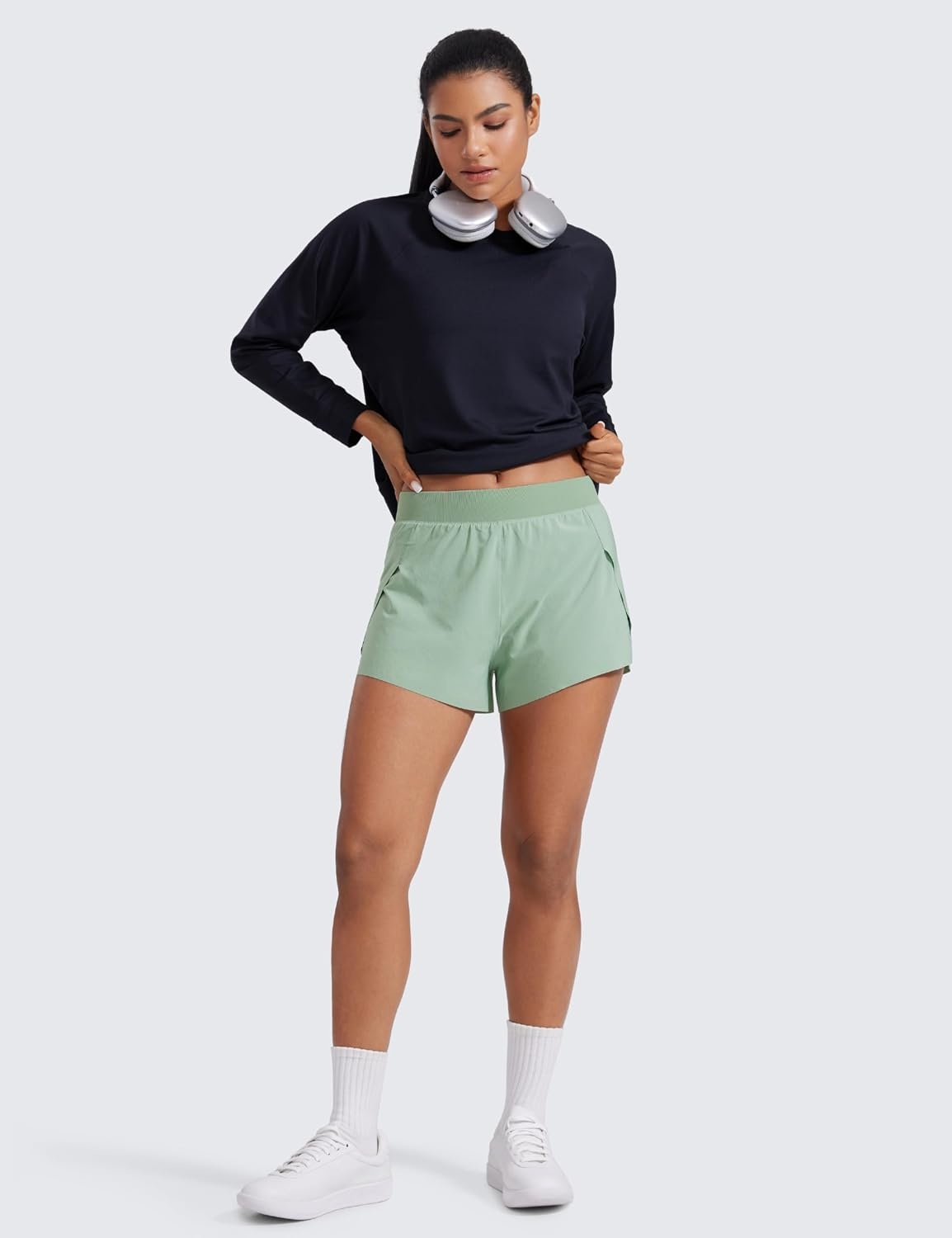 image:imageCRZ YOGA V Split Running Shorts for Women 25 High Waisted Workout Athletic Gym Track with Liner Breathable Quick DryGreen Palm Court