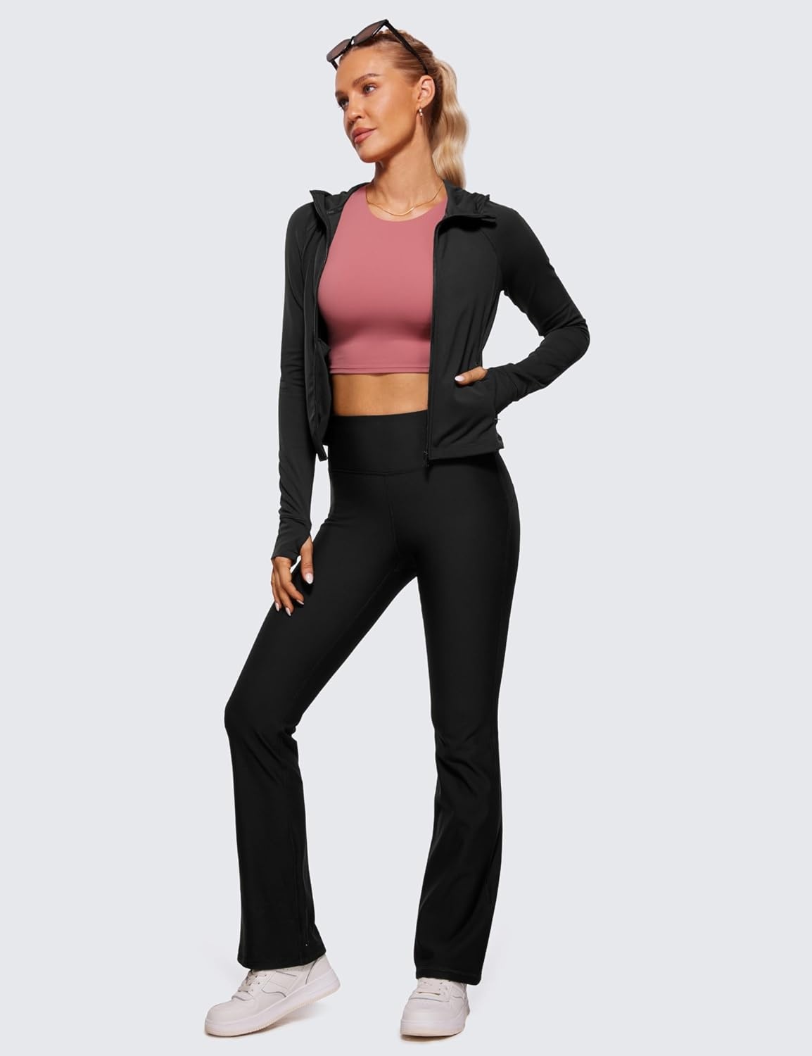image:imageCRZ YOGA Womens Butterluxe Full Zip Workout Hoodie Jackets Slim Fit Hooded Athletic Yoga Lightweight Jacket with Thumb HolesBlack