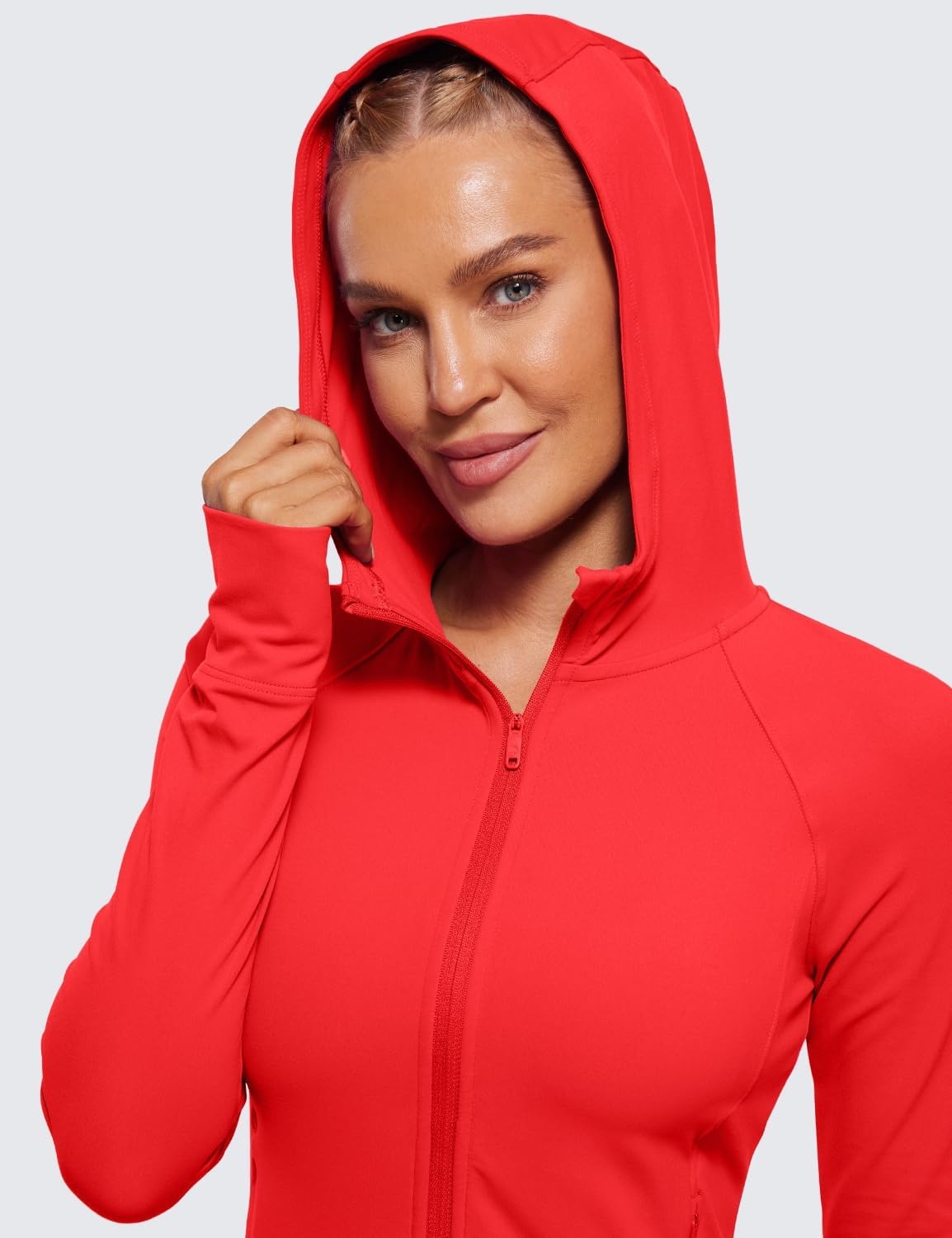 image:imageCRZ YOGA Womens Butterluxe Full Zip Workout Hoodie Jackets Slim Fit Hooded Athletic Yoga Lightweight Jacket with Thumb HolesDeep Red