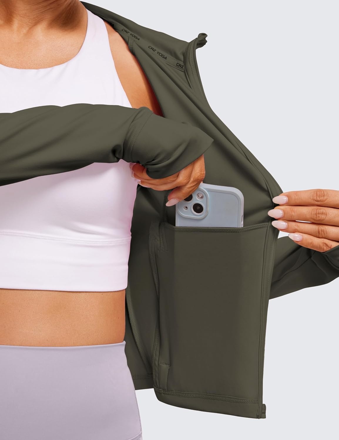 image:imageCRZ YOGA Womens Butterluxe Full Zip Workout Hoodie Jackets Slim Fit Hooded Athletic Yoga Lightweight Jacket with Thumb HolesLight Army Green