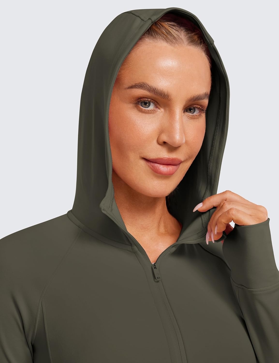 image:imageCRZ YOGA Womens Butterluxe Full Zip Workout Hoodie Jackets Slim Fit Hooded Athletic Yoga Lightweight Jacket with Thumb HolesLight Army Green
