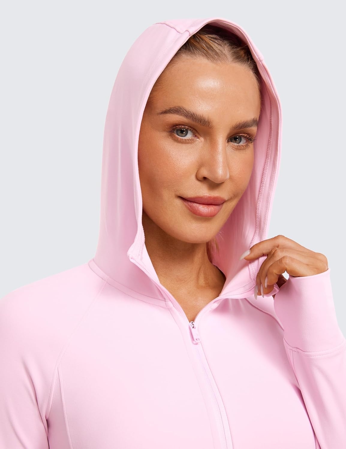 image:imageCRZ YOGA Womens Butterluxe Full Zip Workout Hoodie Jackets Slim Fit Hooded Athletic Yoga Lightweight Jacket with Thumb HolesPink Peony
