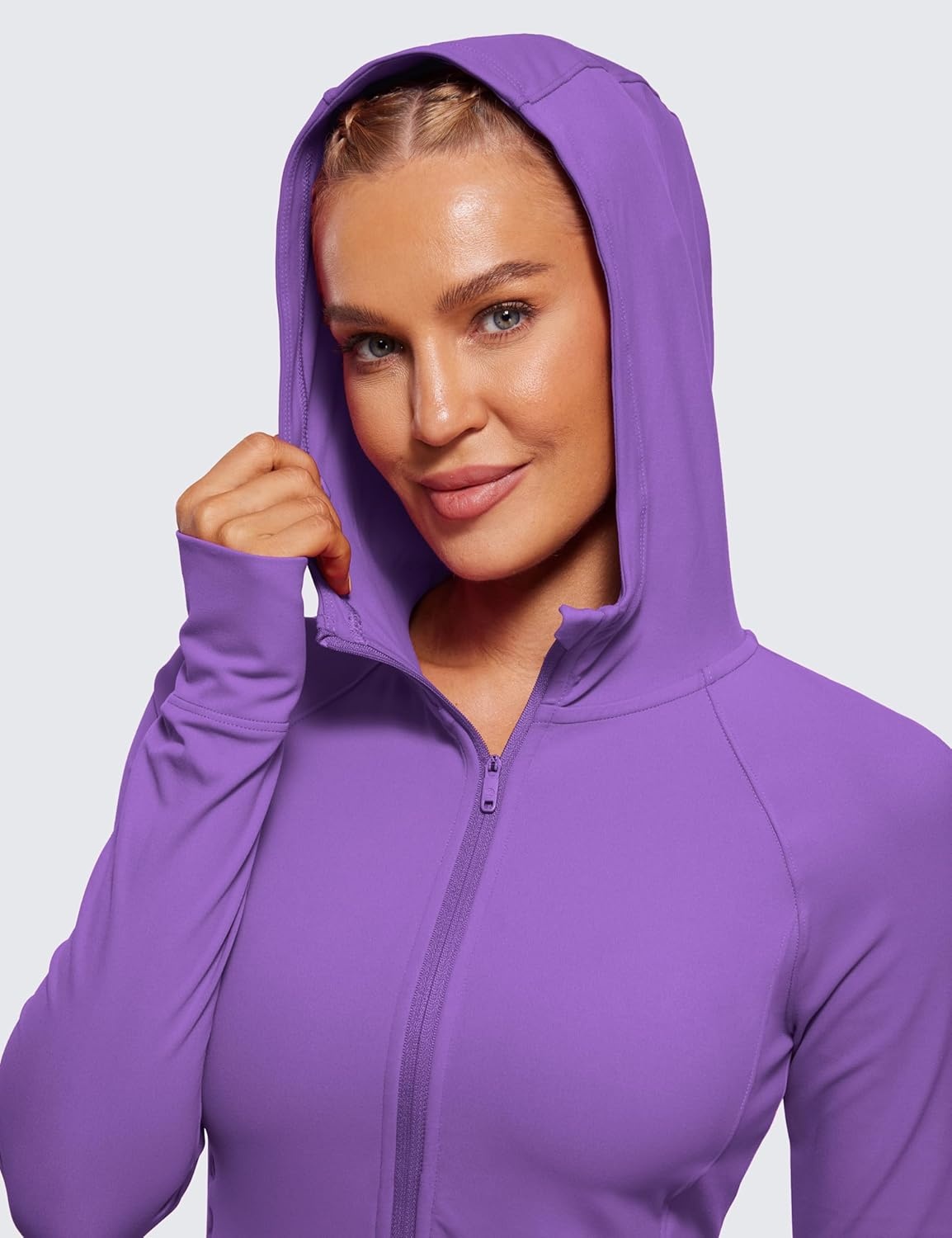 image:imageCRZ YOGA Womens Butterluxe Full Zip Workout Hoodie Jackets Slim Fit Hooded Athletic Yoga Lightweight Jacket with Thumb HolesRoyal Lilac
