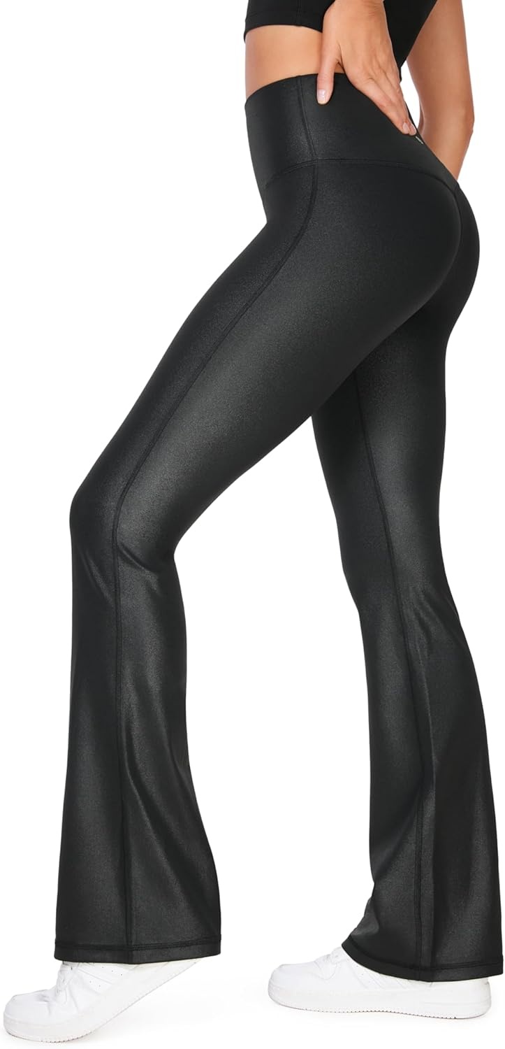 image:imageCRZ YOGA Womens Butterluxe Matte Faux Leather Flare Leggings 32 Inches High Waist Wide Leg Bootcut Yoga PantsFaux Leather Black