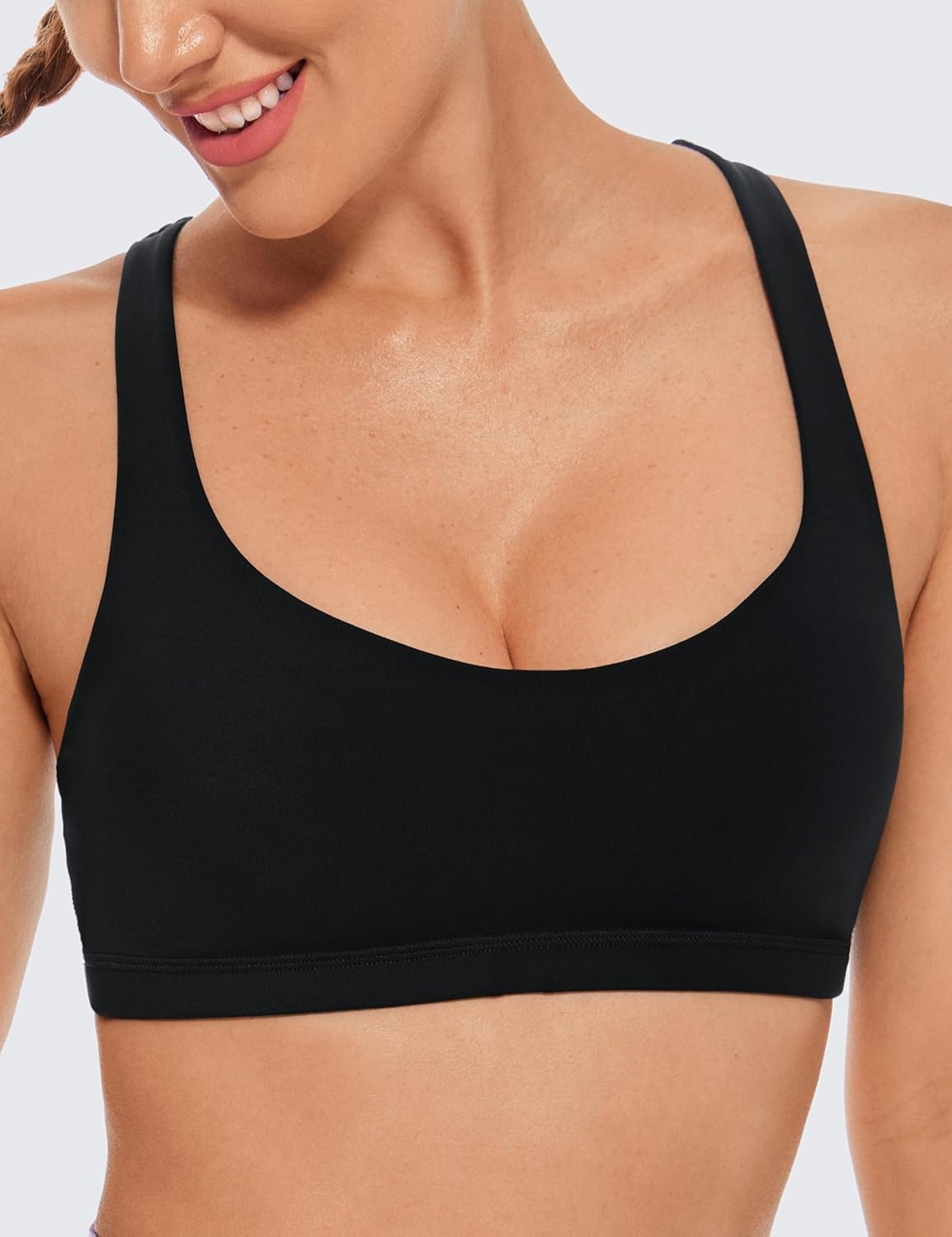 image:imageCRZ YOGA Womens Light Support Strappy Sports Bra Low Cut Wirefree Padded Yoga Cami Criss Cross BackBlack