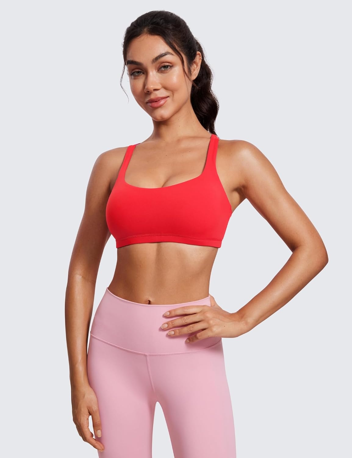 image:imageCRZ YOGA Womens Light Support Strappy Sports Bra Low Cut Wirefree Padded Yoga Cami Criss Cross BackDeep Red