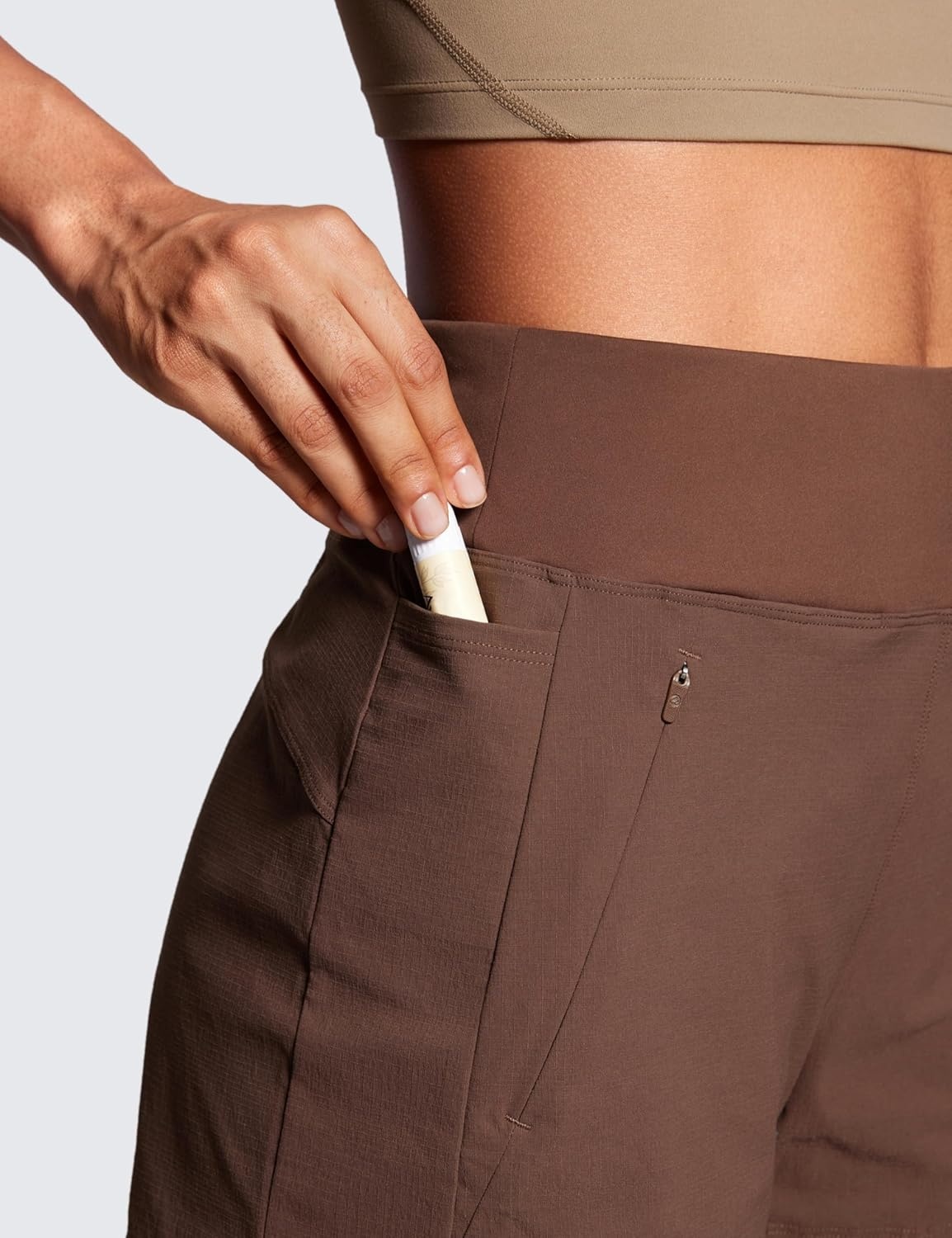 image:imageCRZ YOGA Womens Lightweight Mid Rise Hiking Shorts 4 Stretch for Athletic Summer Travel Outdoor Golf with Zip PocketsCoffee Brown