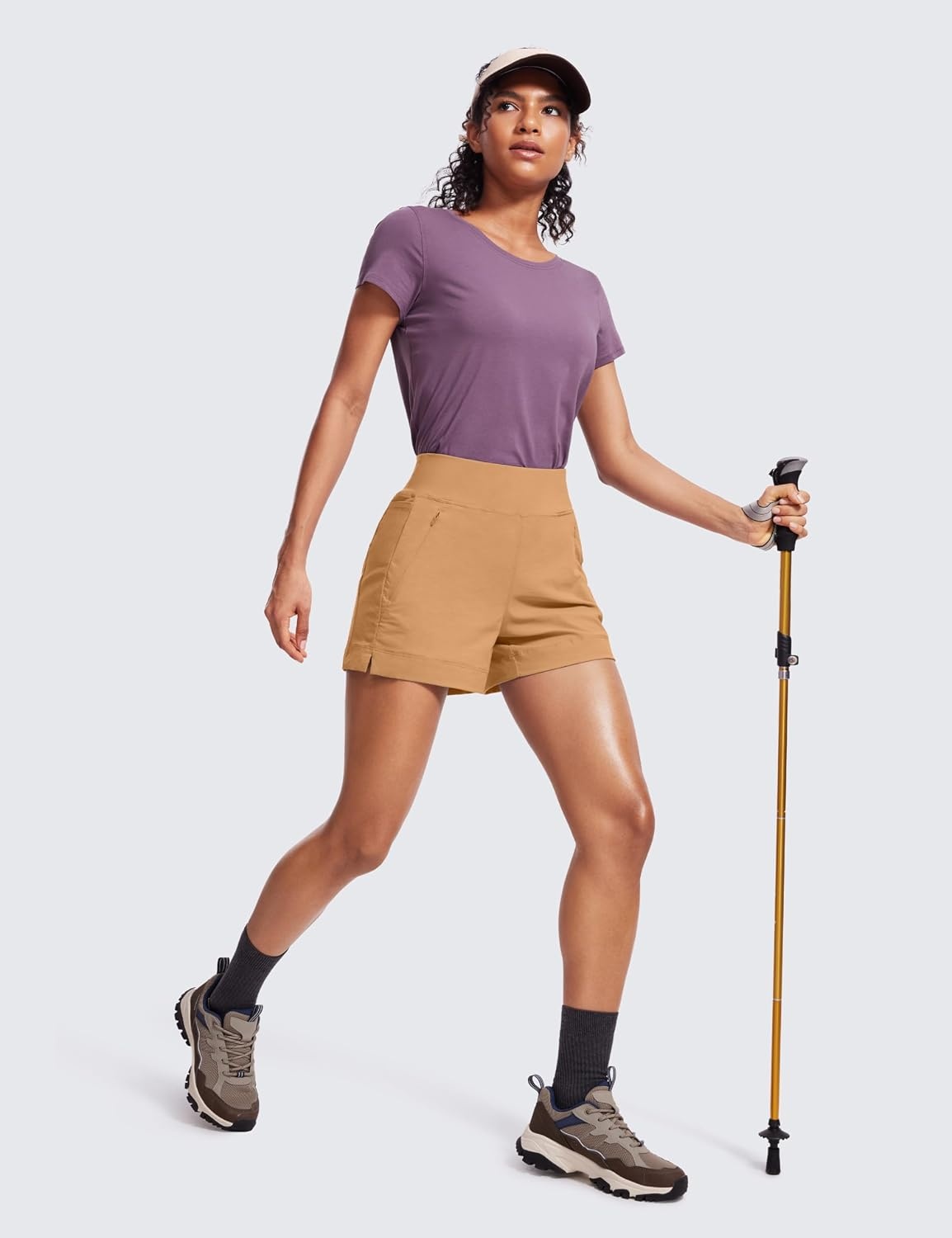 image:imageCRZ YOGA Womens Lightweight Mid Rise Hiking Shorts 4 Stretch for Athletic Summer Travel Outdoor Golf with Zip PocketsDoe Brown