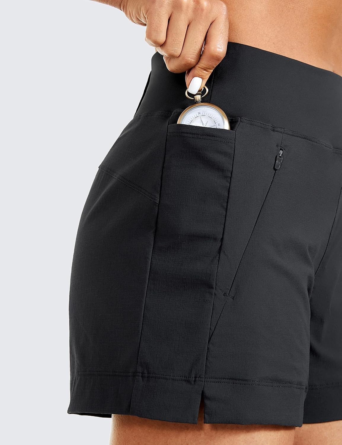 image:imageCRZ YOGA Womens Lightweight Mid Rise Hiking Shorts 4 Stretch for Athletic Summer Travel Outdoor Golf with Zip PocketsInk Gray