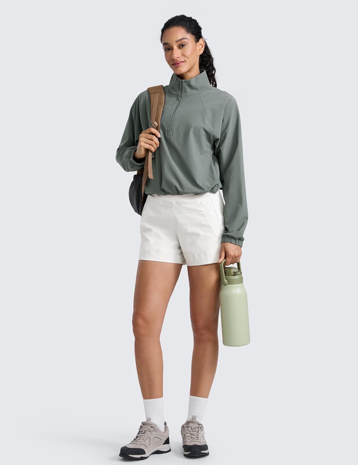 image:imageCRZ YOGA Womens Lightweight Mid Rise Hiking Shorts 4 Stretch for Athletic Summer Travel Outdoor Golf with Zip PocketsMilky White Bone