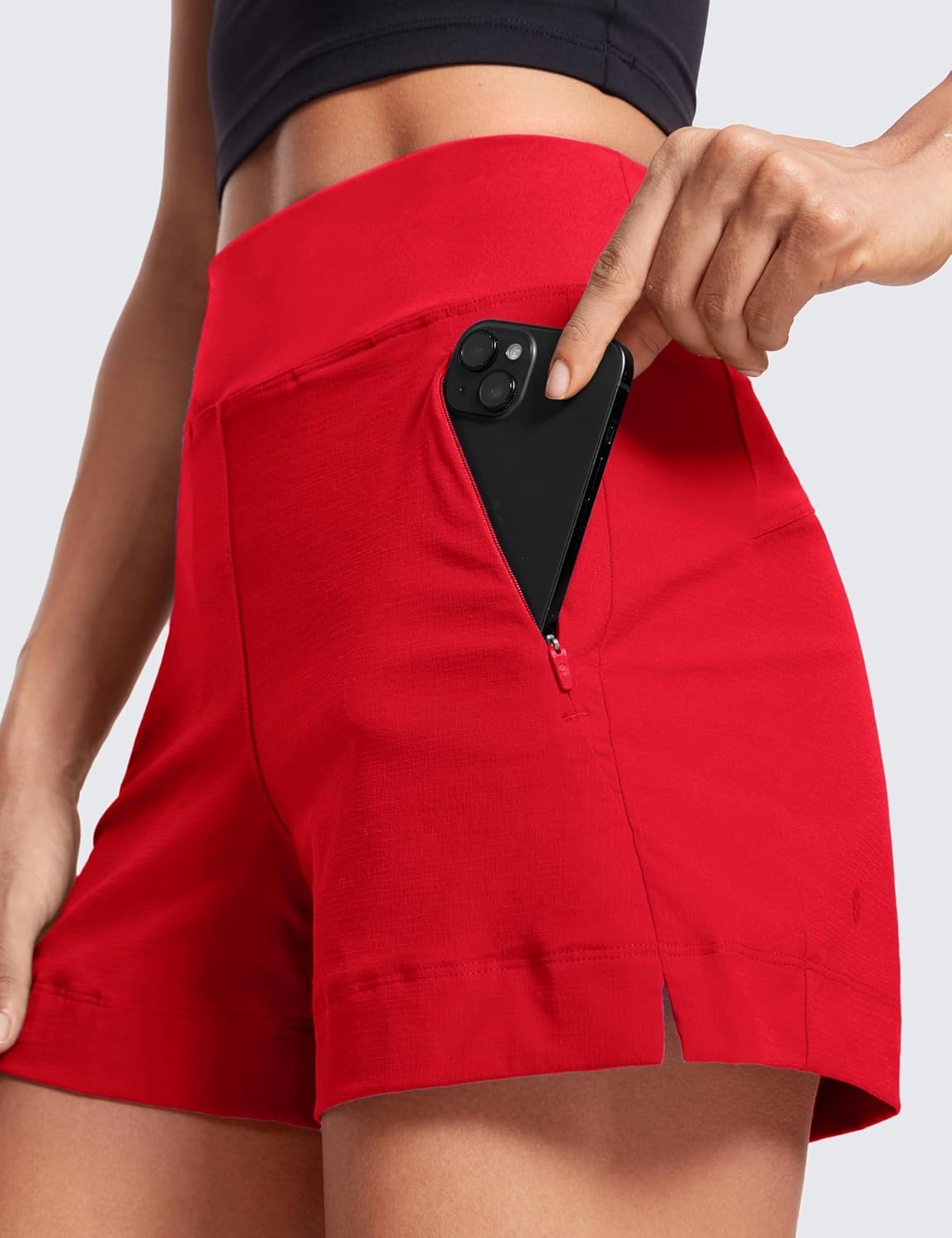 image:imageCRZ YOGA Womens Lightweight Mid Rise Hiking Shorts 4 Stretch for Athletic Summer Travel Outdoor Golf with Zip PocketsRed Chili
