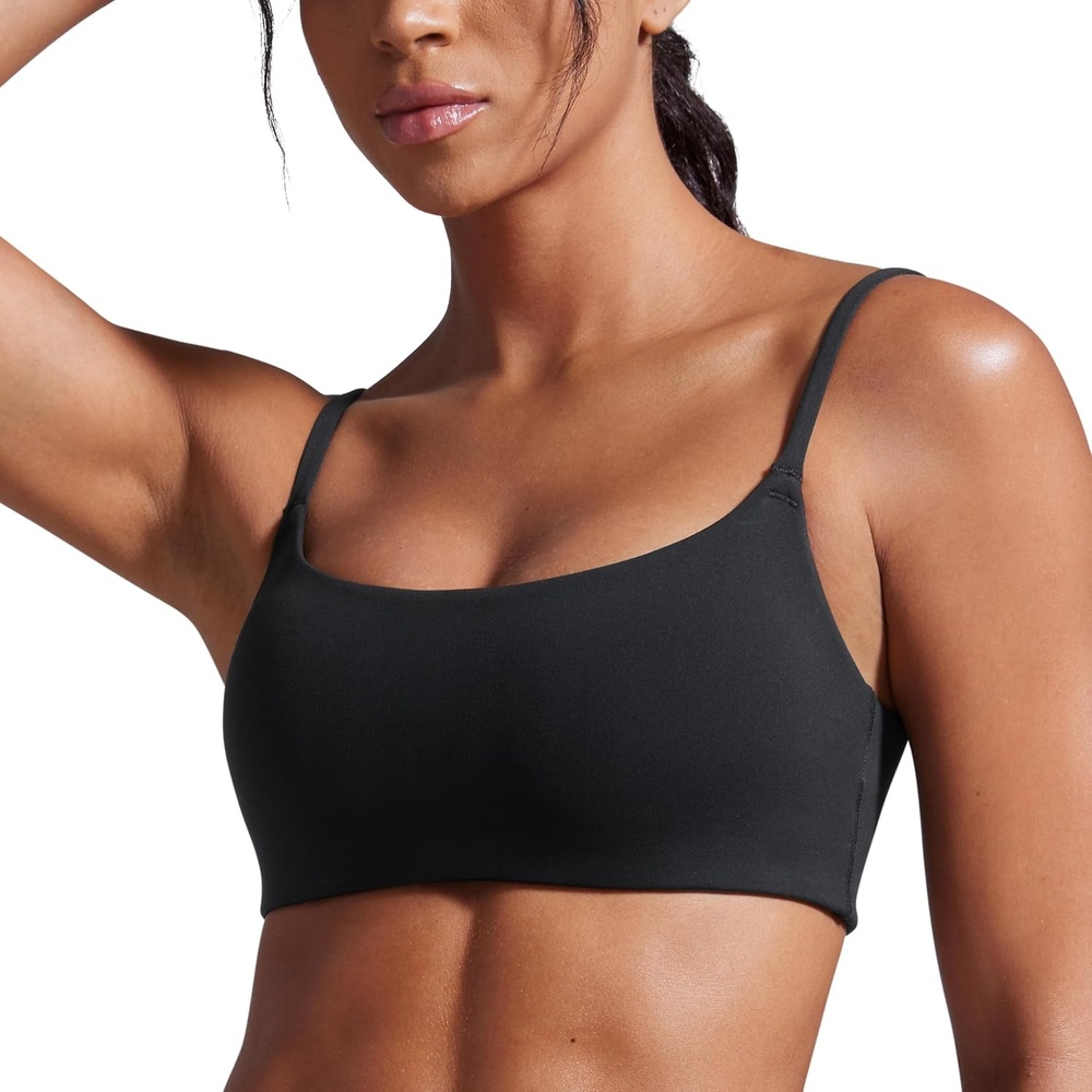 image:imageCRZ YOGA Butterbreeze Scoop Neck Sports Bras for Women Spaghetti Straps Wireless Workout Padded Gym Cami TopBlack