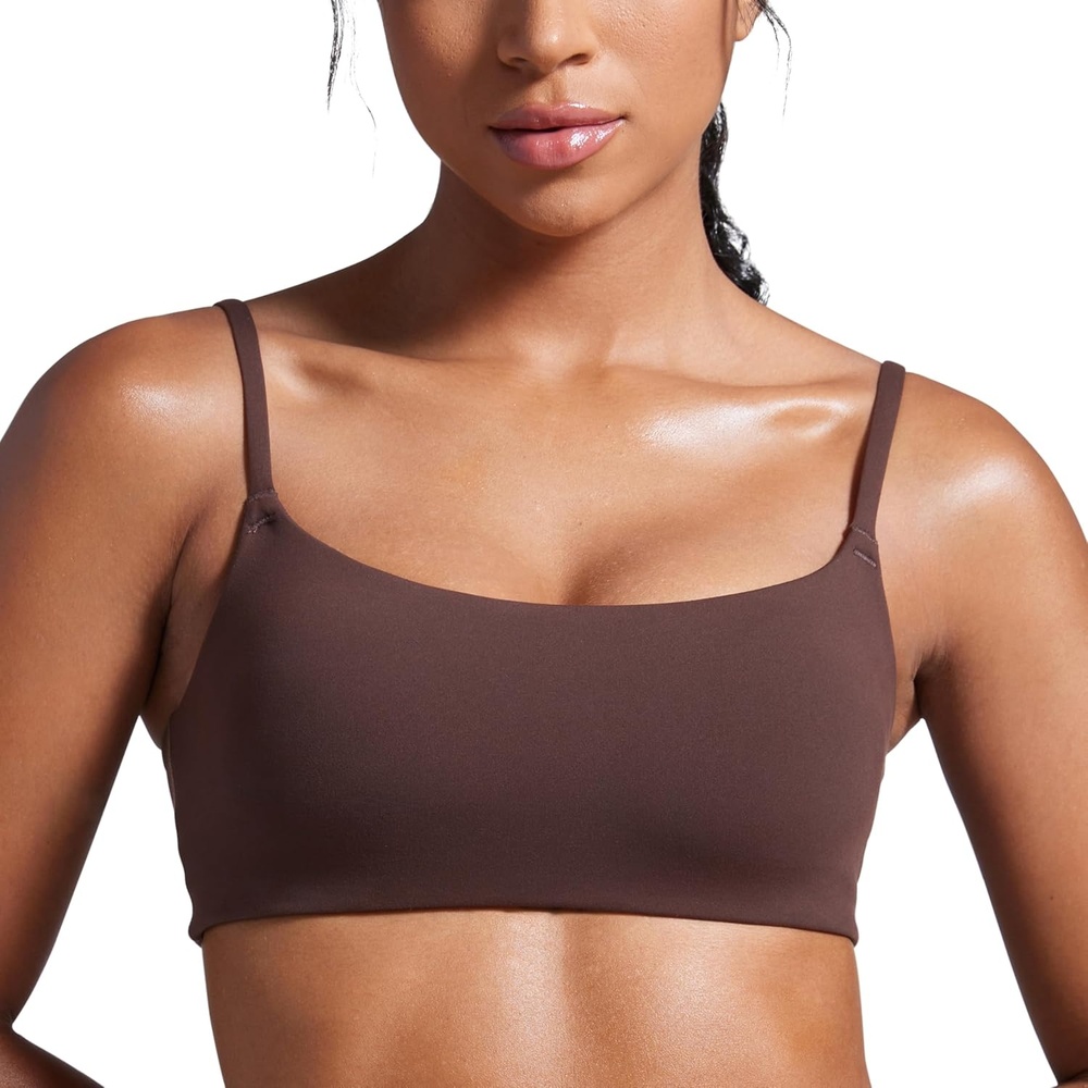 image:imageCRZ YOGA Butterbreeze Scoop Neck Sports Bras for Women Spaghetti Straps Wireless Workout Padded Gym Cami TopHot Fudge Brown
