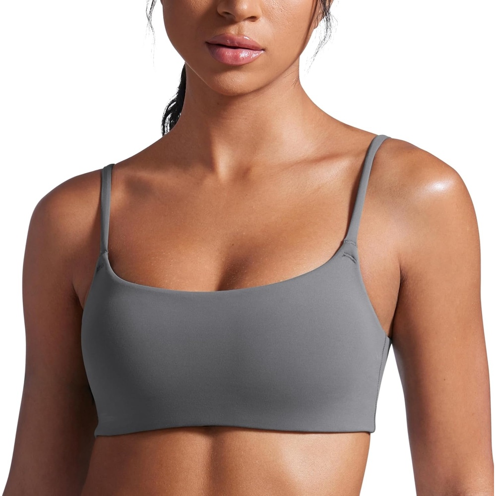 image:imageCRZ YOGA Butterbreeze Scoop Neck Sports Bras for Women Spaghetti Straps Wireless Workout Padded Gym Cami TopLava Smoke Grey