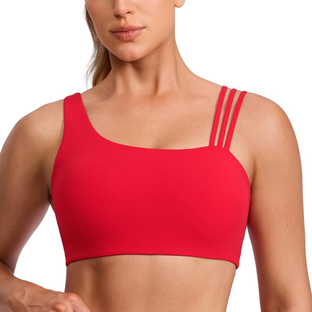 image:imageCRZ YOGA Butterlift Asymmetric Straps Sports Bras for Women Medium Impact Padded Pilates Workout Gym Crop TopAurora Red