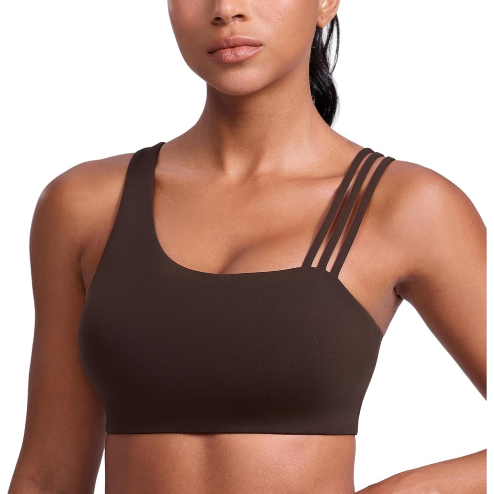image:imageCRZ YOGA Butterlift Asymmetric Straps Sports Bras for Women Medium Impact Padded Pilates Workout Gym Crop TopHot Fudge Brown