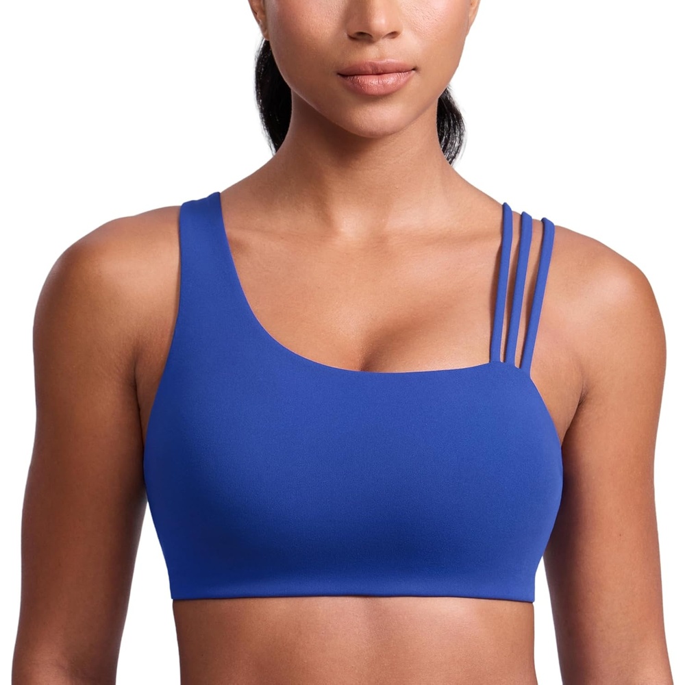 image:imageCRZ YOGA Butterlift Asymmetric Straps Sports Bras for Women Medium Impact Padded Pilates Workout Gym Crop TopWaves Blue