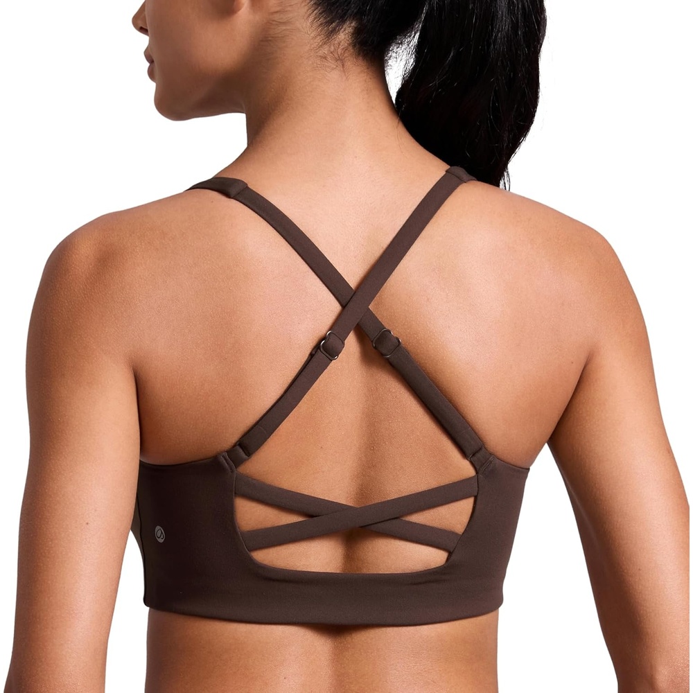 image:imageCRZ YOGA Butterlift Cross Back Sports Bras for Women Scoop Neck Adjustable Straps Wireless Padded Pilates Workout TopHot Fudge Brown