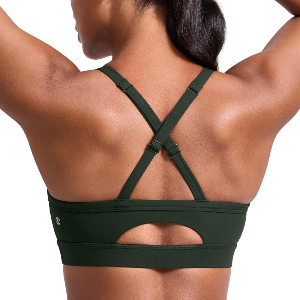 image:imageCRZ YOGA Butterlift CutOut Cross Back Sports Bras for Women Medium Impact Adjustable Thin Straps Pilates Padded Gym TopsLegend Green