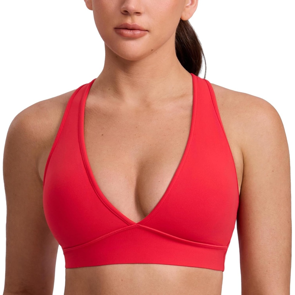 image:imageCRZ YOGA Butterlift Deep V Neck Sports Bras for Women Padded Gym Wide Straps CutOut Cross Back Crop Pilates Workout TopAurora Red