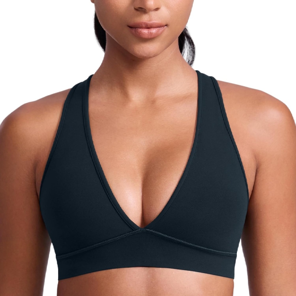 image:imageCRZ YOGA Butterlift Deep V Neck Sports Bras for Women Padded Gym Wide Straps CutOut Cross Back Crop Pilates Workout TopTrue Navy